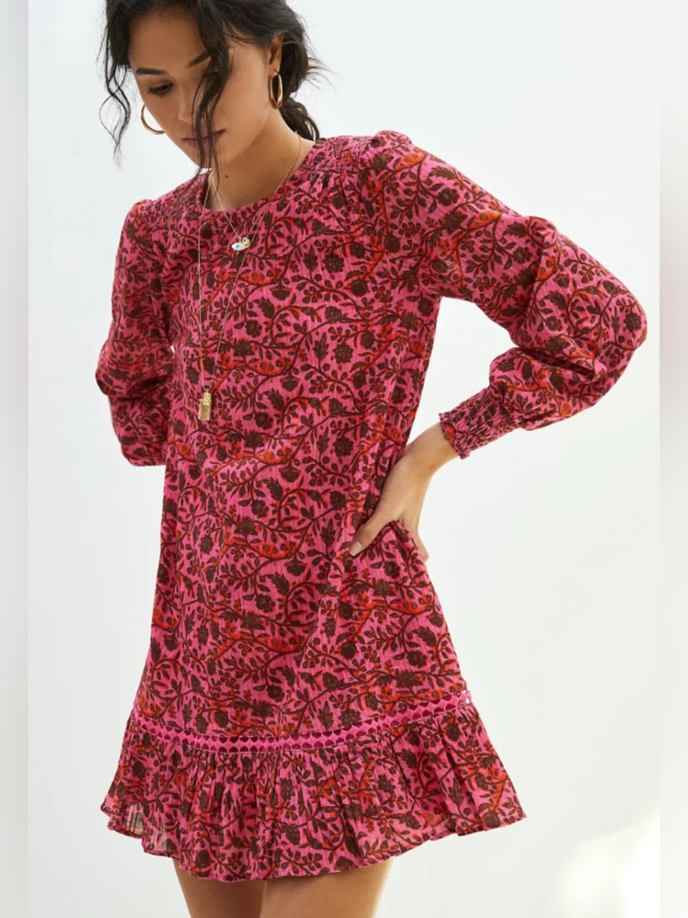 Anthropologie cotton long sleeve printed mini dress large